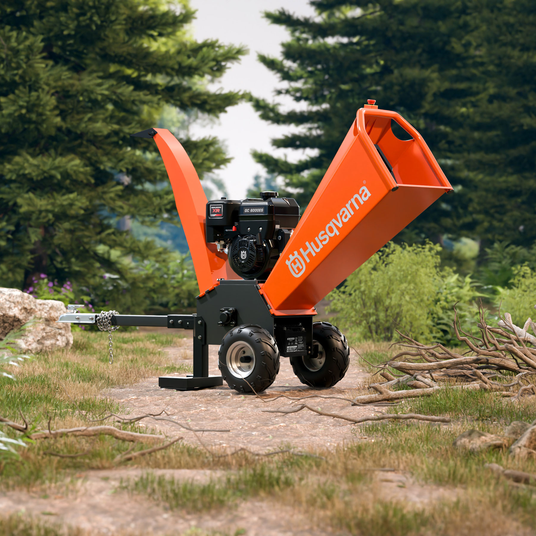 066006 Husqvarna wood chipper in a wooded area